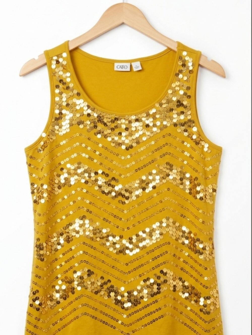 Cato women's sleeveless blouse, L mustard yellow with gold sequins